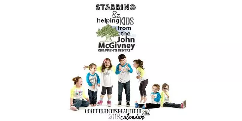 Group of children from John McGivney Children's Centre with a tree illustration and calendar text.