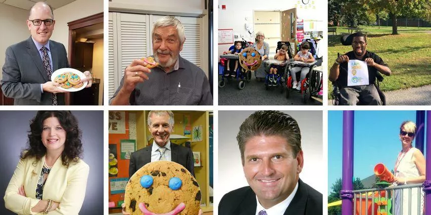 Collage of eight images showing diverse people with cookies, children in wheelchairs, and playground activities.