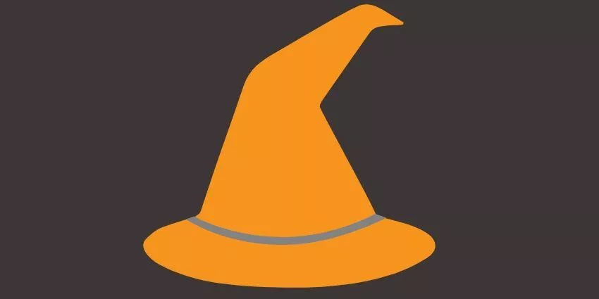 Orange witch hat with gray band and bent tip on dark background illustration
