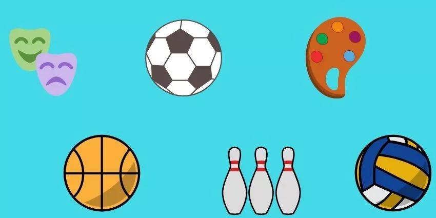 comedy and tragedy masks, soccer ball, artist palette with paint, basketball, three bowling pins, volleyball