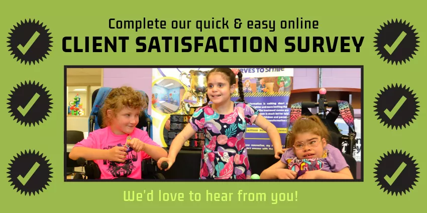 Online client satisfaction survey promotion with three smiling children and checkmark icons.