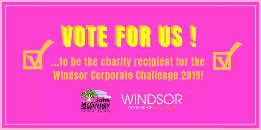 Bright pink graphic encouraging votes for John McGivney Children's Centre charity in Windsor Corporate Challenge 2019.