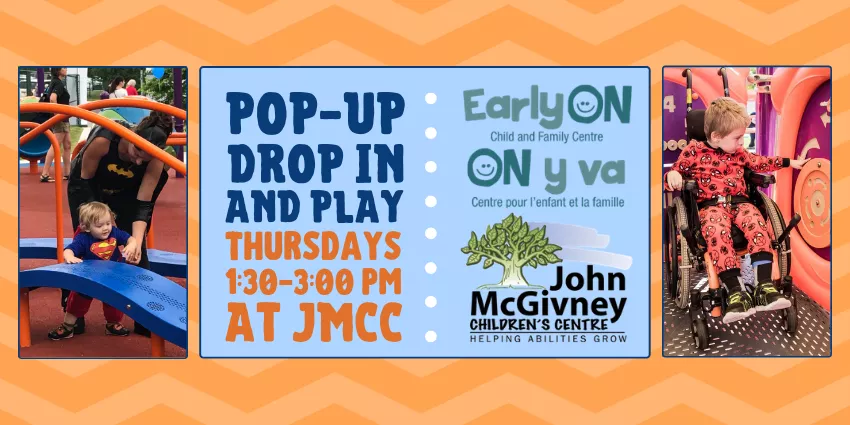 Flyer for pop-up play event at JMCC with children playing, including a child in a wheelchair.