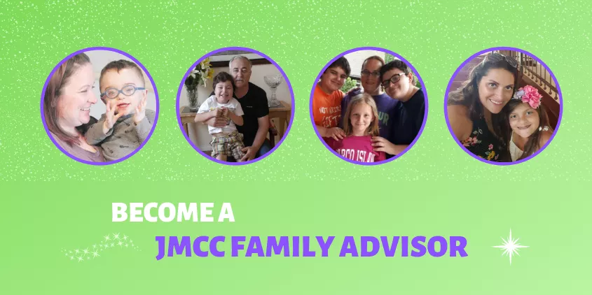 Four family portraits above text inviting to become a JMCC family advisor on green background.
