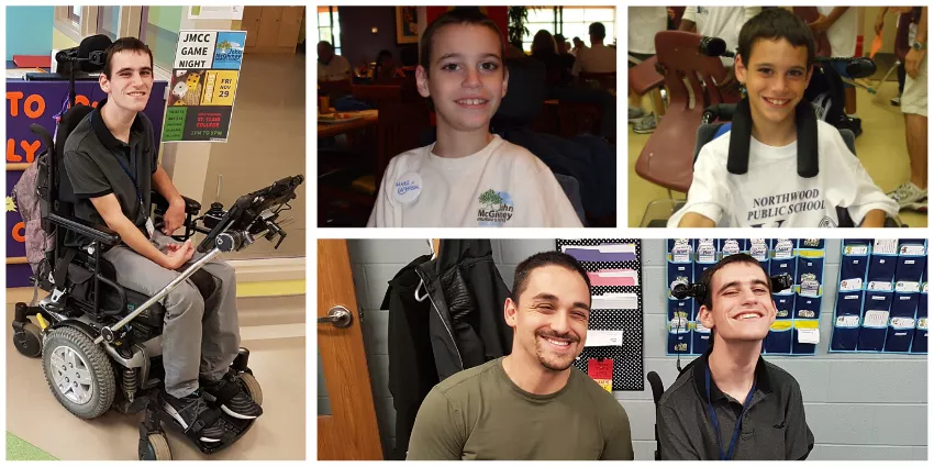 Collage of a young man in a motorized wheelchair and a smiling boy in school settings.