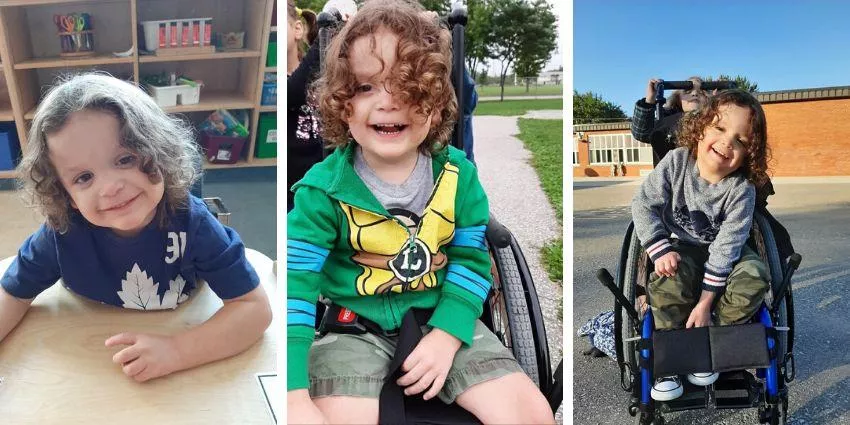 Young child with curly hair smiling indoors and outdoors in a wheelchair in various settings.