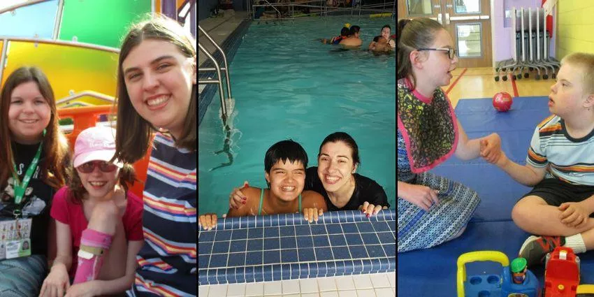 outdoors, in a pool, and on a gym mat with toys.