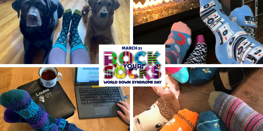 Collage of people and dogs wearing colorful socks with Rock Your Socks World Down Syndrome Day graphic.