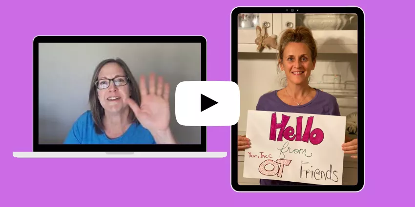 Split screen showing a woman waving on a laptop and another holding a Hello sign on a tablet.