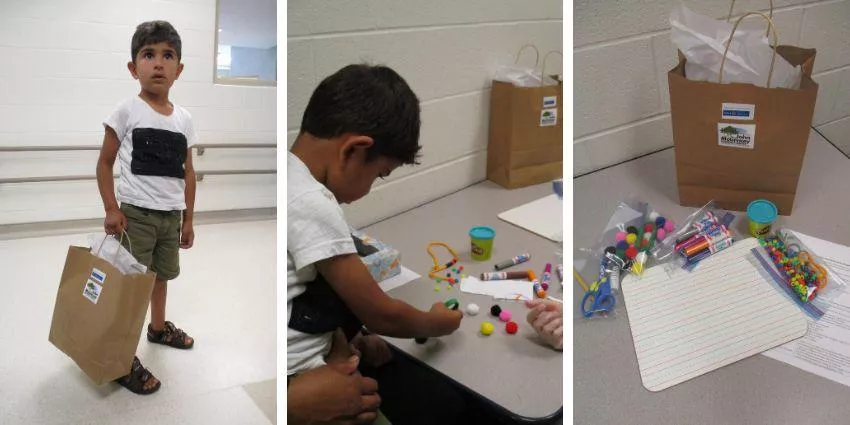 Young boy with craft supplies from Teachers Helping Teachers bag shown in three-panel collage.