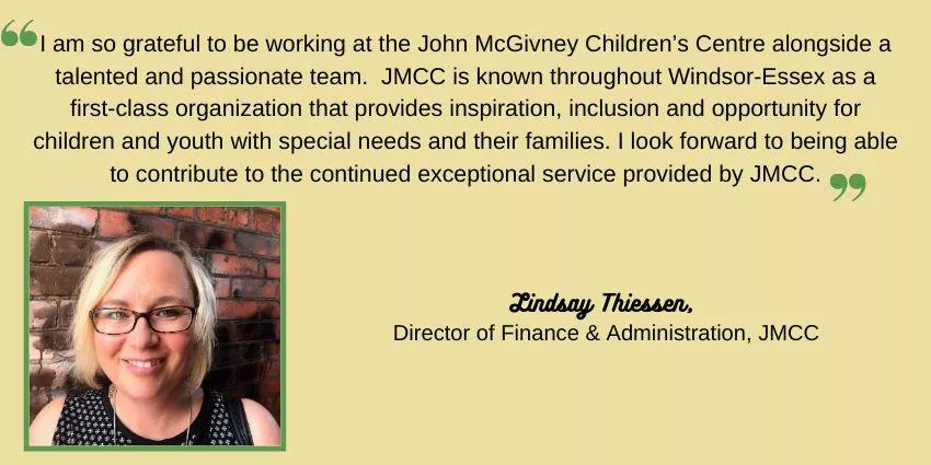 Portrait of Lindsay Thiessen with a quote about JMCC's support for children with special needs.