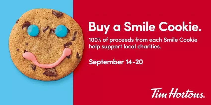 Tim Hortons Smile Cookie with proceeds supporting local charities, promotion September 14-20.