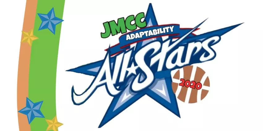 JMCCA Adaptability All Stars 2020 logo with blue star, basketball, and colorful stripes on left side.