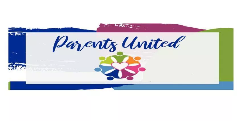 Parents United text above a multicolored circle of people holding hands around a heart on a colorful background