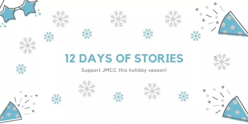 12 Days of Stories text with holiday support message and blue stars, snowflakes, and party hats.