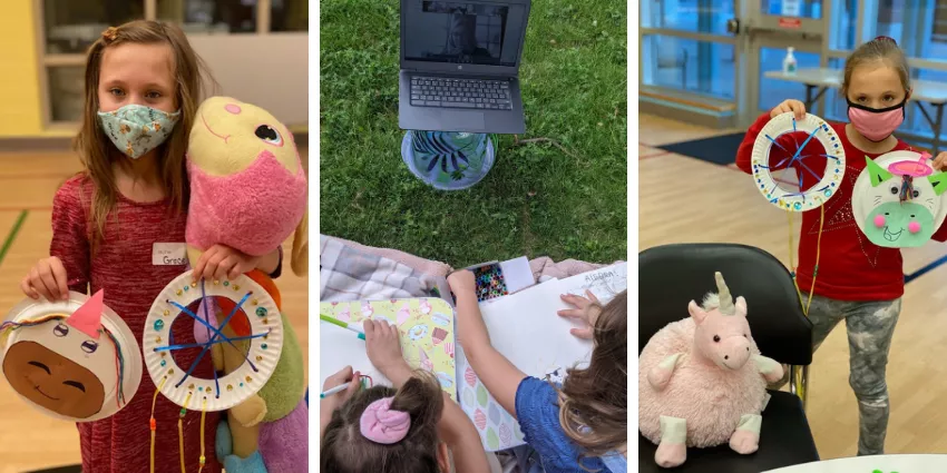 Children wearing masks and holding colorful paper plate crafts with plush toys nearby.