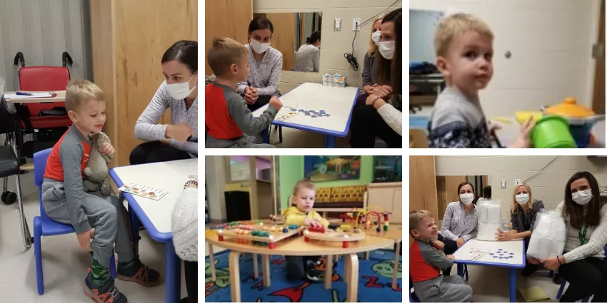 Children engaging in educational and therapy activities with adults in a clinical setting.