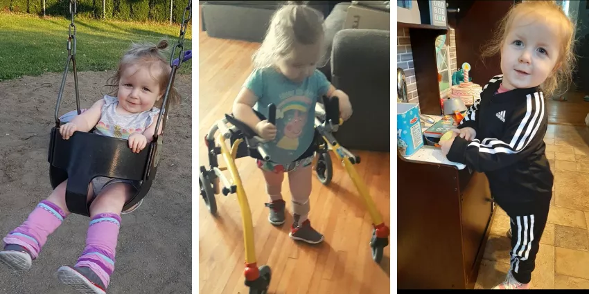Young girl outdoors on swing with leg braces, indoors using walker, and standing by play kitchen.