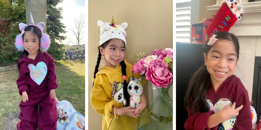 Young girl wearing unicorn-themed clothing and accessories in outdoor and indoor settings.