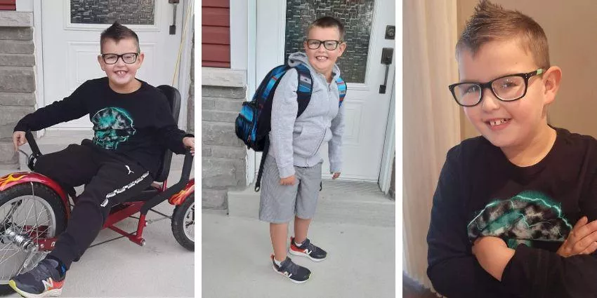 Collage of three photos showing a boy with glasses on a bike, with backpack, and smiling indoors.