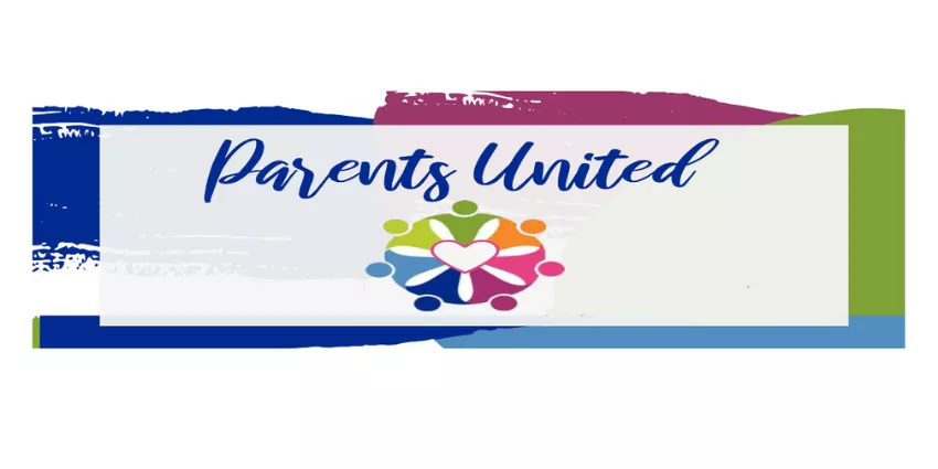 Parents United logo with blue script text and colorful circle of figures holding hands around a heart.