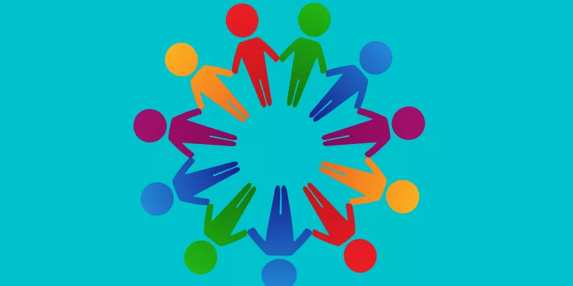 Twelve multicolored human figures holding hands in a circle on a blue background