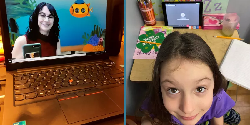 Laptop screen shows a woman on video call with underwater background; girl at desk with iPad and St. Patrick's decor.