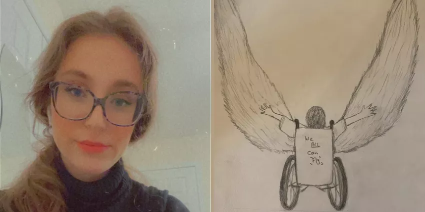 Woman with glasses on left and pencil drawing of person in wheelchair with wings and text on right