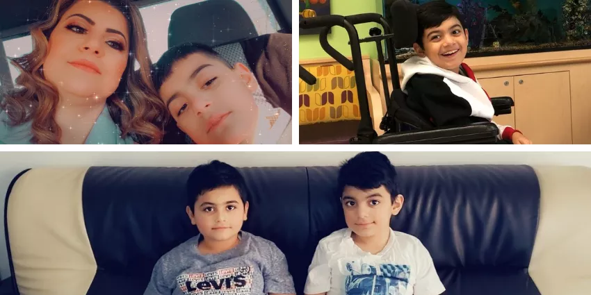 Collage of children showing close interaction, a boy in a wheelchair, and two boys seated on a couch.