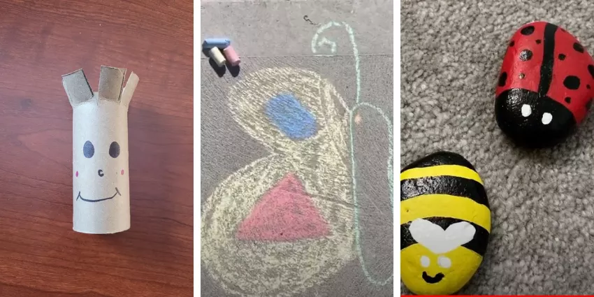 Crafted giraffe from toilet paper roll, chalk butterfly on pavement, painted ladybug and bee rocks.