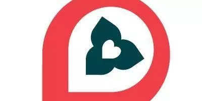 Logo with a red speech bubble outline containing a dark green three-leaf design and white heart.