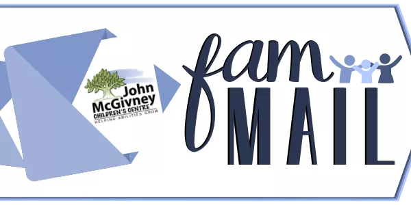 Logo for John McGivney Children's Centre with Helping Abilities Grow tagline and fam MAIL text with figures icon.