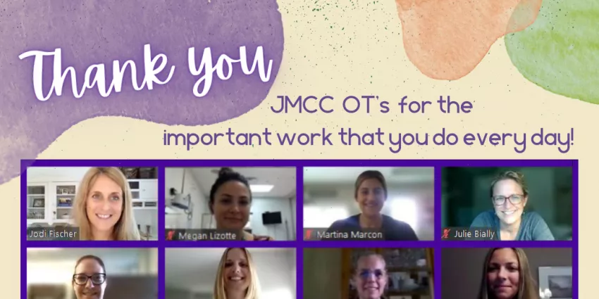 Thank you message showing JMCC occupational therapists in individual frames with colorful watercolor background