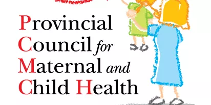 Provincial Council for Maternal and Child Health text with acronym PCMH and colorful child illustration.