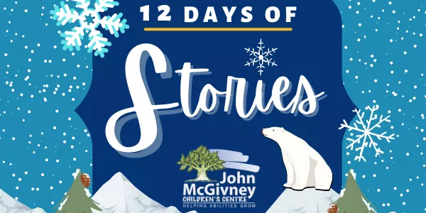 Winter-themed banner for 12 Days of Stories by John McGivney Children's Centre with polar bear and snowflakes.