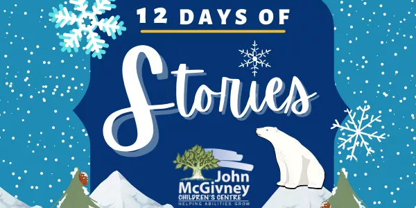Winter-themed "12 Days of Stories" image with snowflakes, polar bear, pine trees, and John McGivney logo.