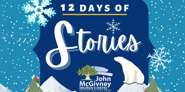 Winter-themed 12 Days of Stories event banner by John McGivney Children's Centre with polar bear and snowflakes