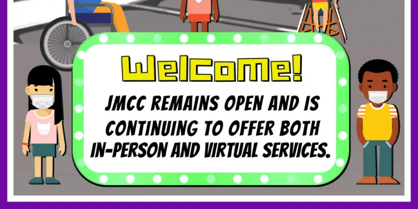 Digital sign announces JMCC open with in-person and virtual services, surrounded by diverse illustrated characters.