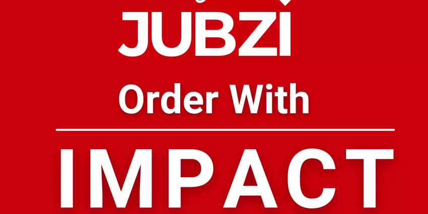 White text on red background reading JUBZI Order With IMPACT separated by a horizontal line
