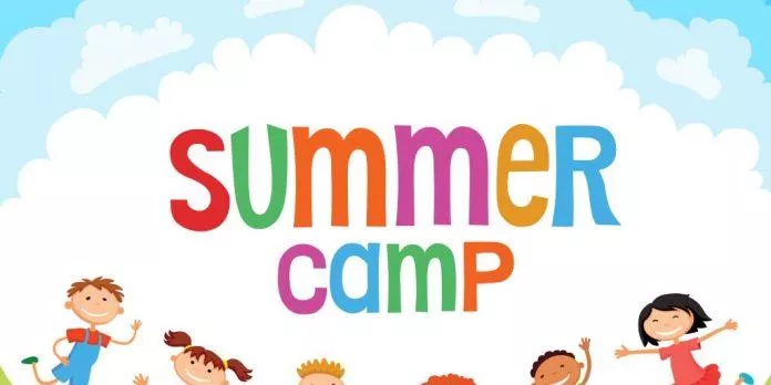 Colorful summer camp text with children playing under a blue sky with white clouds.