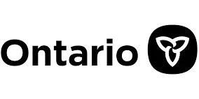 Ontario logo with black text and black circle containing white trillium flower emblem