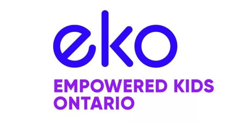 eko logo in blue with Empowered Kids Ontario text in purple below on white background