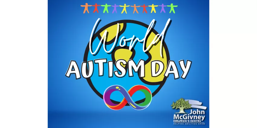 World Autism Day design with puzzle piece, infinity symbol, colorful figures, and John McGivney logo.