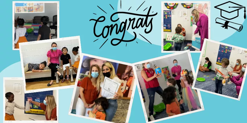 Children and adults participating in educational and graduation activities with certificates and celebrations.