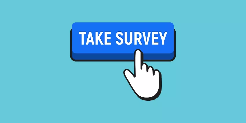 Blue rectangular button labeled TAKE SURVEY with a white hand cursor icon on a light blue background