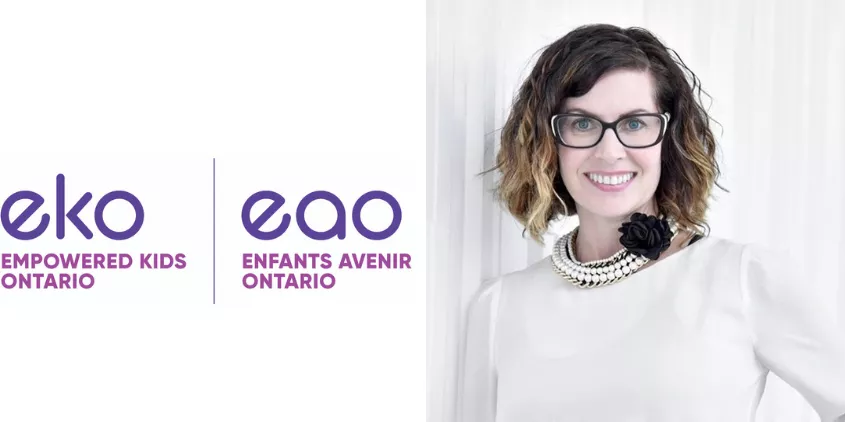 Empowered Kids Ontario and Enfants Avenir Ontario logo with woman wearing glasses and pearl necklace.