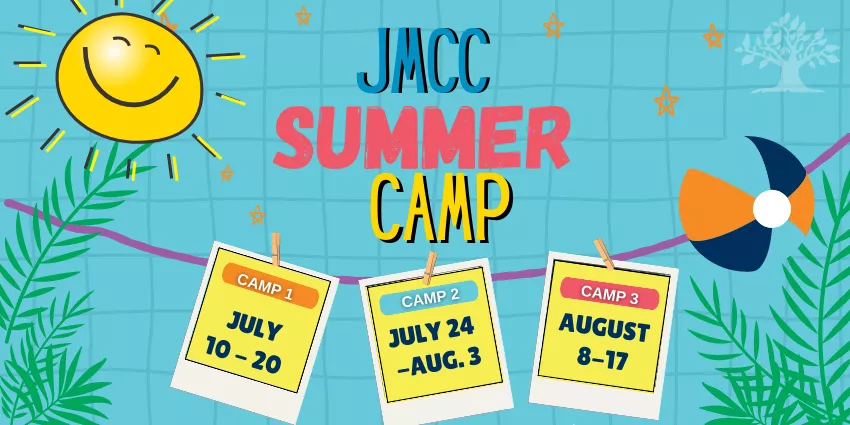 Summer camp dates from July 10 to August 17 with sun, stars, plants, and colorful pinwheel background.