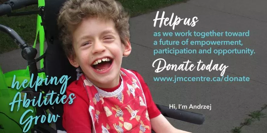 Smiling child in wheelchair with donation message to support empowerment and opportunity.