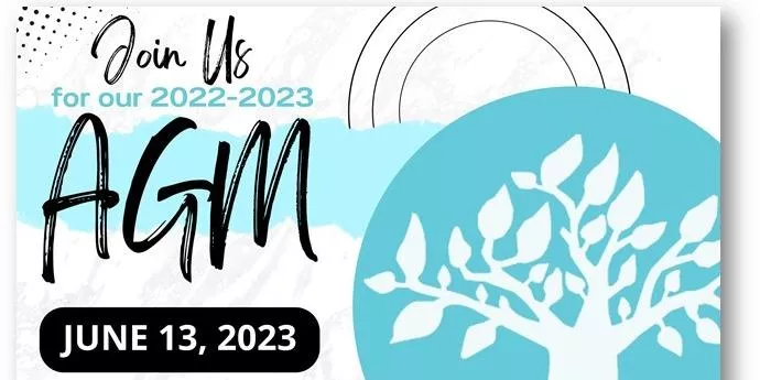 Invitation for the 2022-2023 Annual General Meeting on June 13, 2023 with tree graphic.
