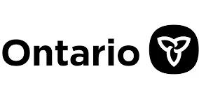 Ontario text next to a black rounded square with a white stylized trillium flower emblem.